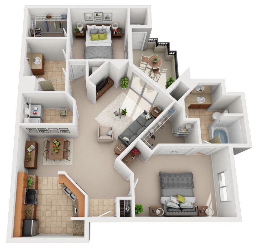 Summerlin Floor plan 3D 2 bed - 2 bath 1,029 sq. ft.